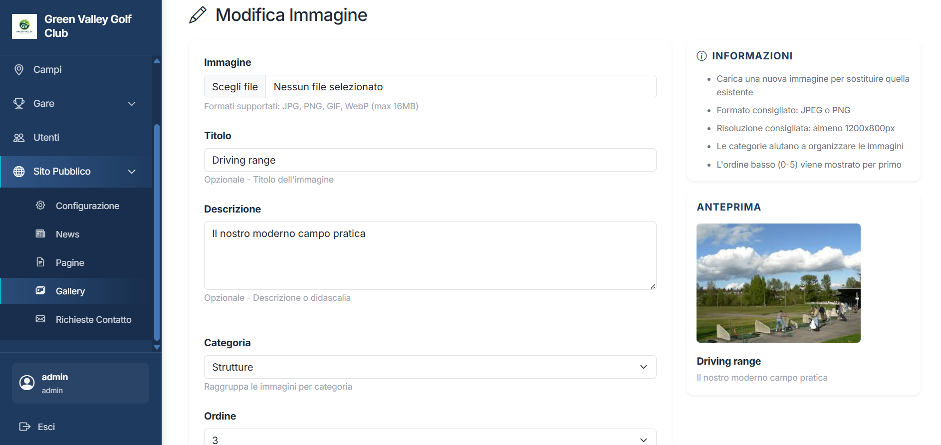 Pannello Admin - Gestione Gallery